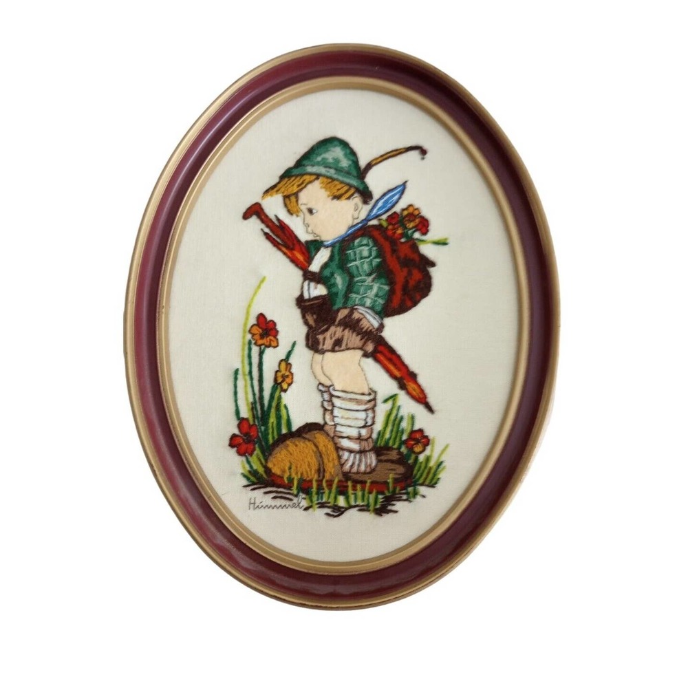 VTG Framed Crewel Embroidered Hummel Wall Hangings Oval Boy Wearing Father shoes